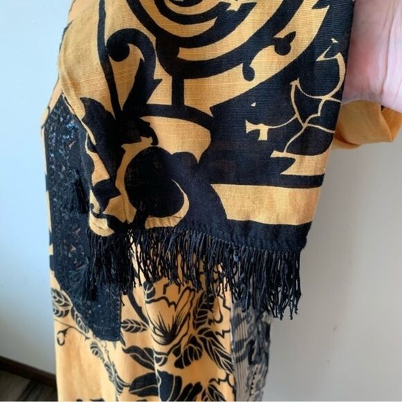 Women's Handmade Indian Kurta Sequined Tasseled Fringe Hem Golden Yellow Black - Picture 5 of 12